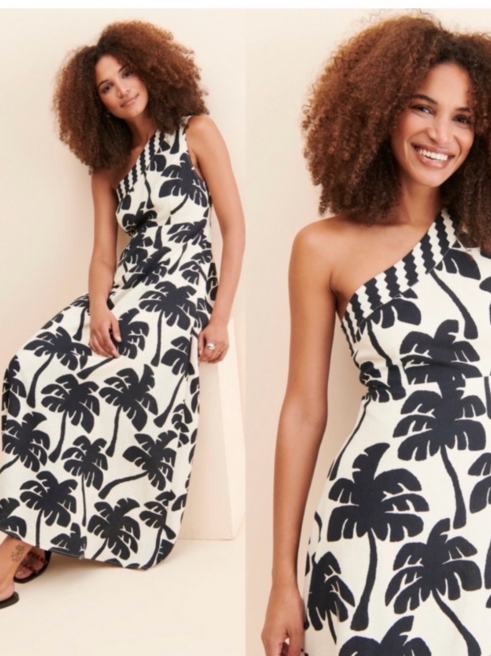 FARM Rio One-Shoulder Black and White Palm Maxi Dress